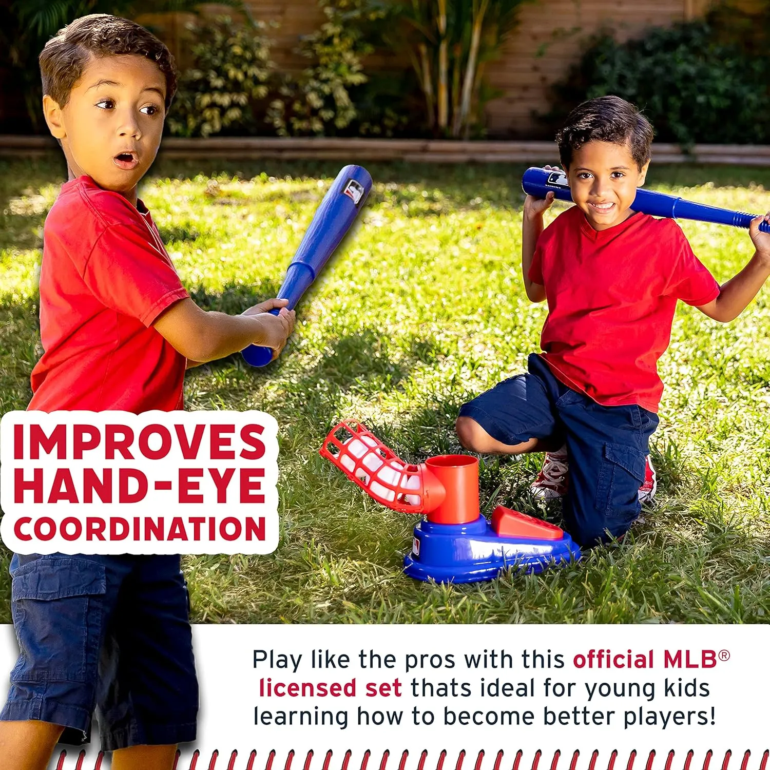Franklin Sports Kids Baseball Pitching Machine - Pop A Pitch Baseball Batting Machine with Youth Bat   3 Plastic Baseballs - Boys   Girls Baseball Toy,Red/Blue