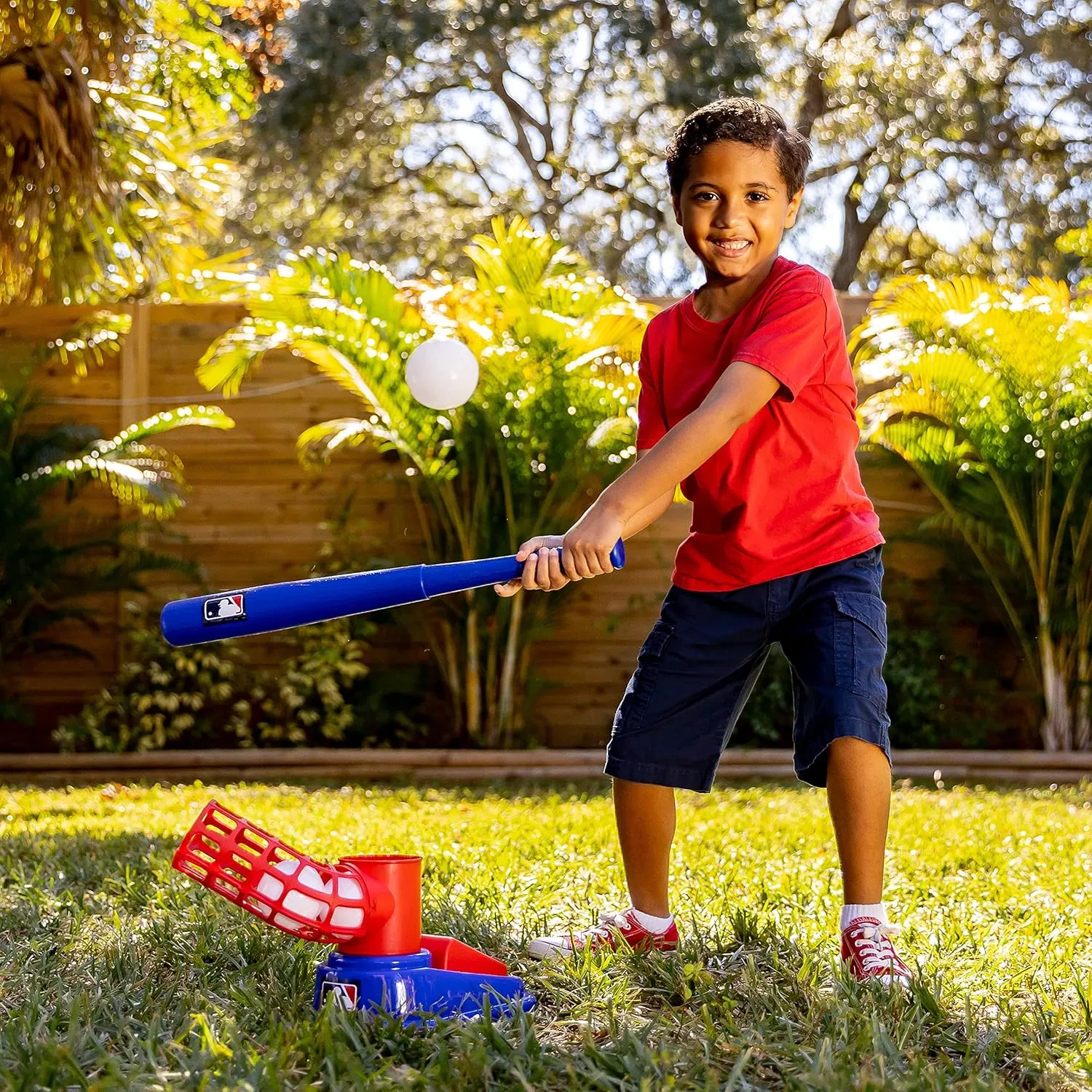 Franklin Sports Kids Baseball Pitching Machine - Pop A Pitch Baseball Batting Machine with Youth Bat   3 Plastic Baseballs - Boys   Girls Baseball Toy,Red/Blue