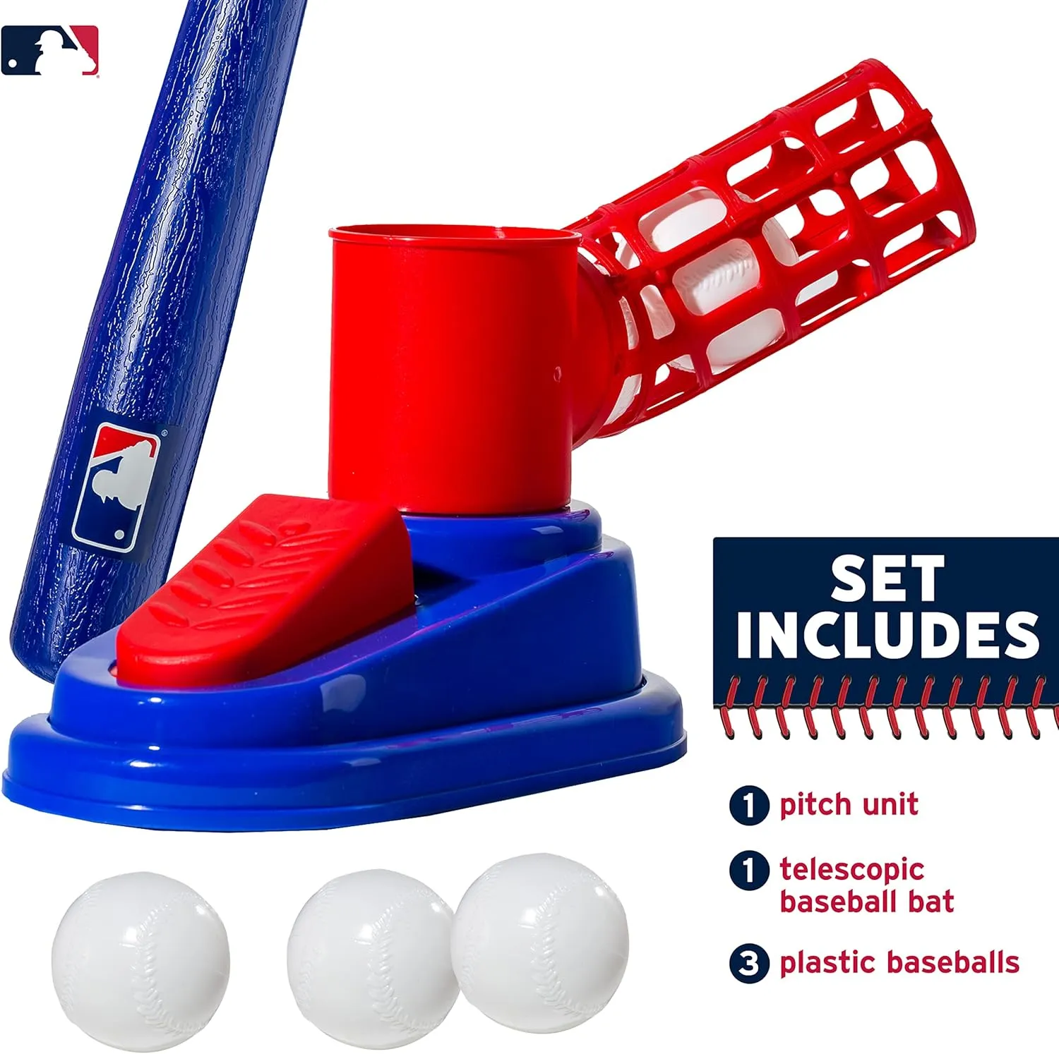 Franklin Sports Kids Baseball Pitching Machine - Pop A Pitch Baseball Batting Machine with Youth Bat   3 Plastic Baseballs - Boys   Girls Baseball Toy,Red/Blue