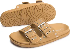 FUNKYMONKEY Women's Eyelets Adjustable Double Strap Slides Slip On Comfort Flat Sandals for Summer