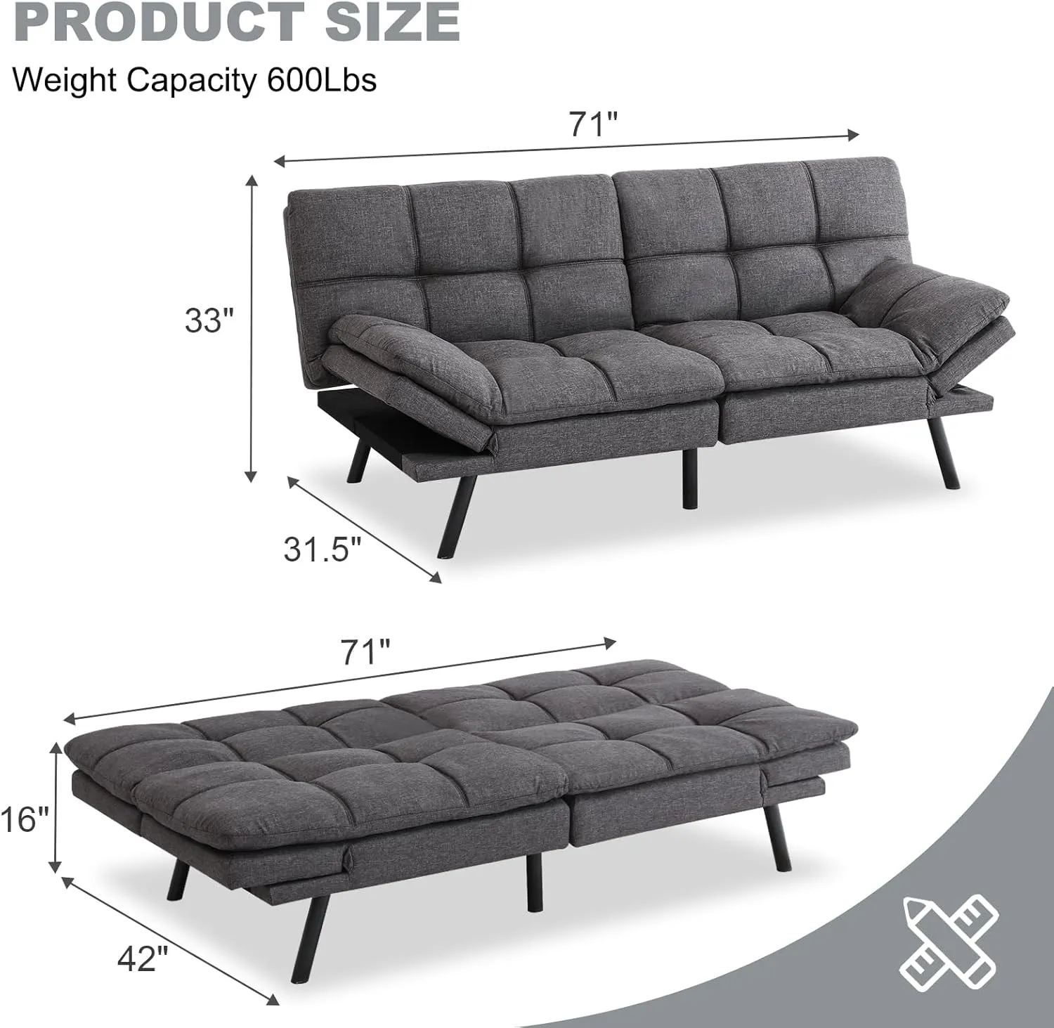 Futon Sofa Bed Convertible Couch,Memory Foam Futon Sofa Couch,Sleeper Futons Sofa Couches,Small Splitback Modern Loveseat Sofa Bed for Living Room,Office,Apartment,Linen Fabric,Dark Gray.