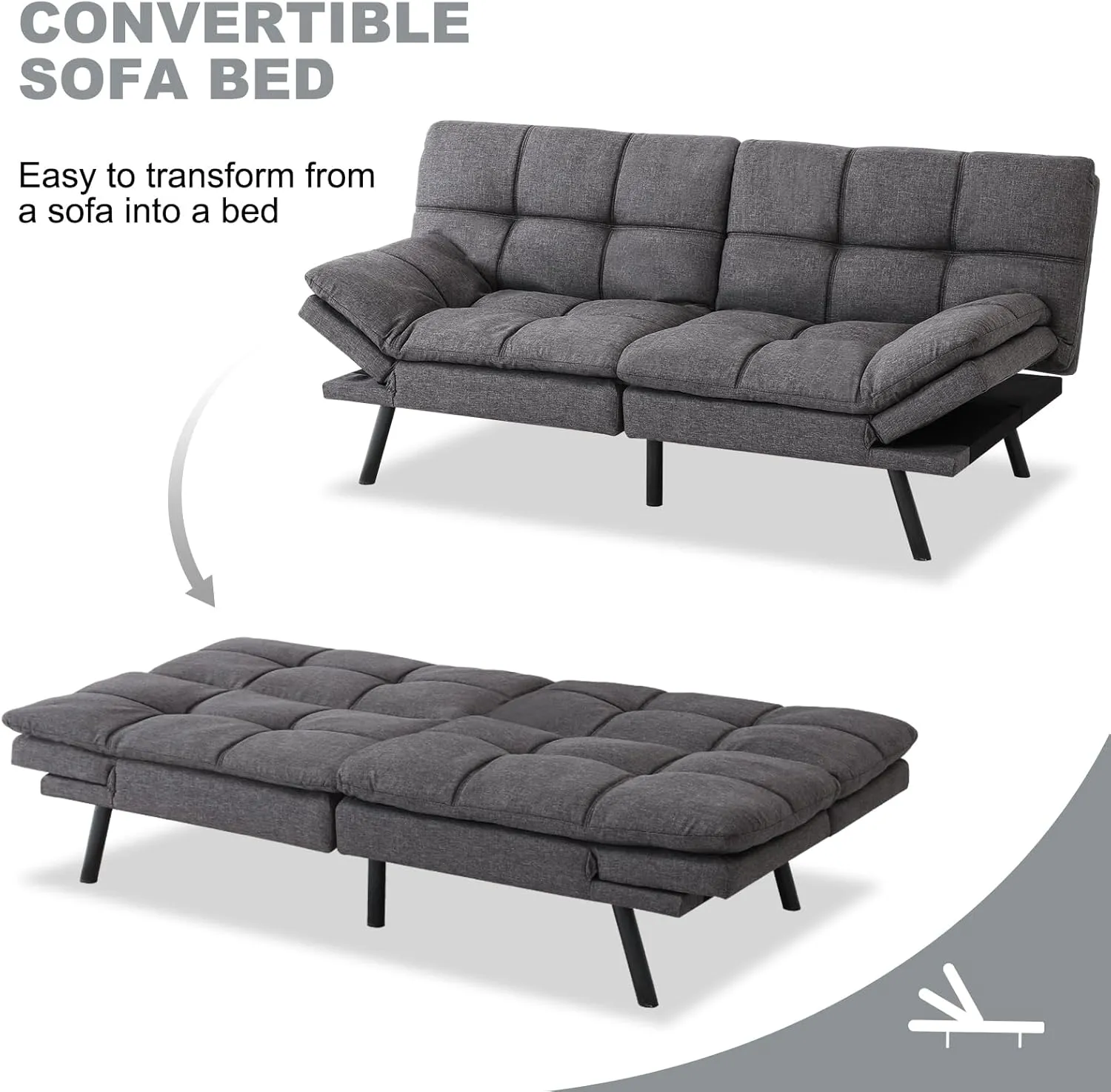 Futon Sofa Bed Convertible Couch,Memory Foam Futon Sofa Couch,Sleeper Futons Sofa Couches,Small Splitback Modern Loveseat Sofa Bed for Living Room,Office,Apartment,Linen Fabric,Dark Gray.