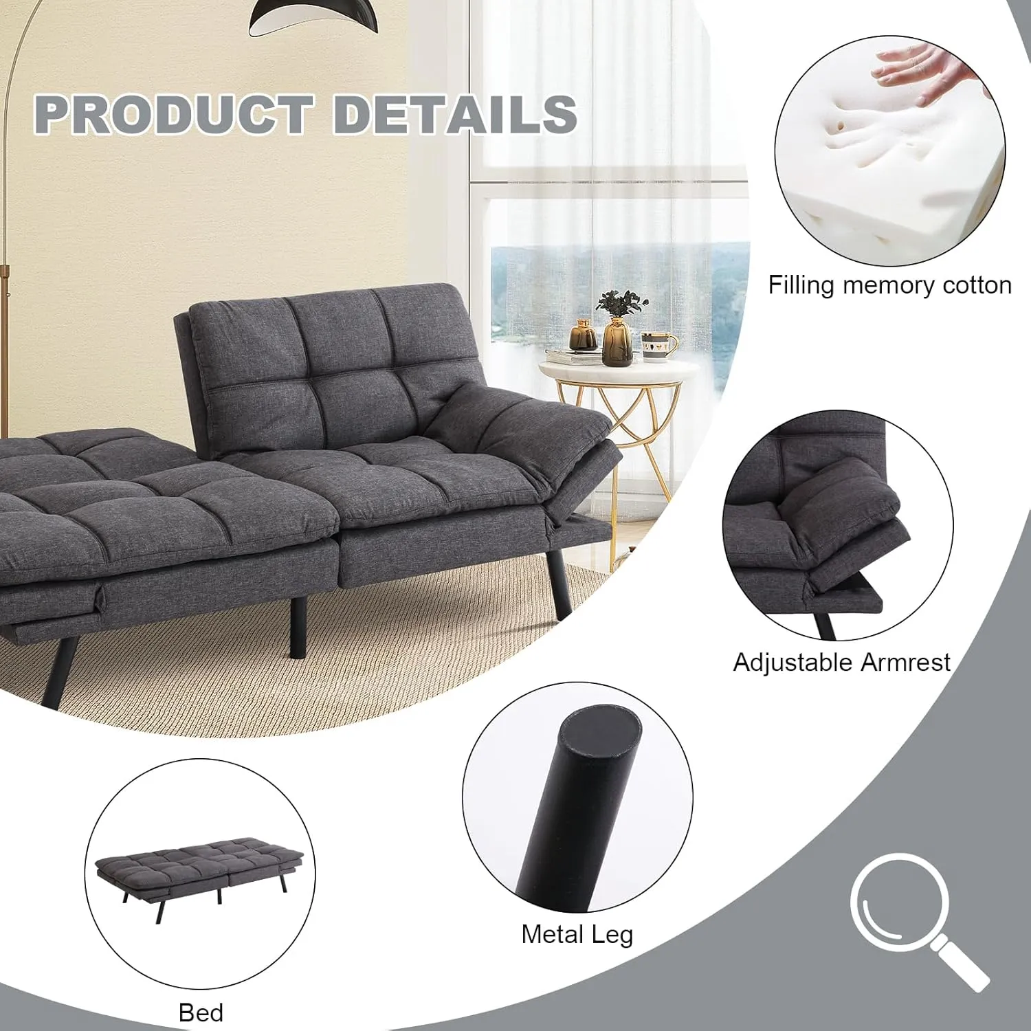 Futon Sofa Bed Convertible Couch,Memory Foam Futon Sofa Couch,Sleeper Futons Sofa Couches,Small Splitback Modern Loveseat Sofa Bed for Living Room,Office,Apartment,Linen Fabric,Dark Gray.