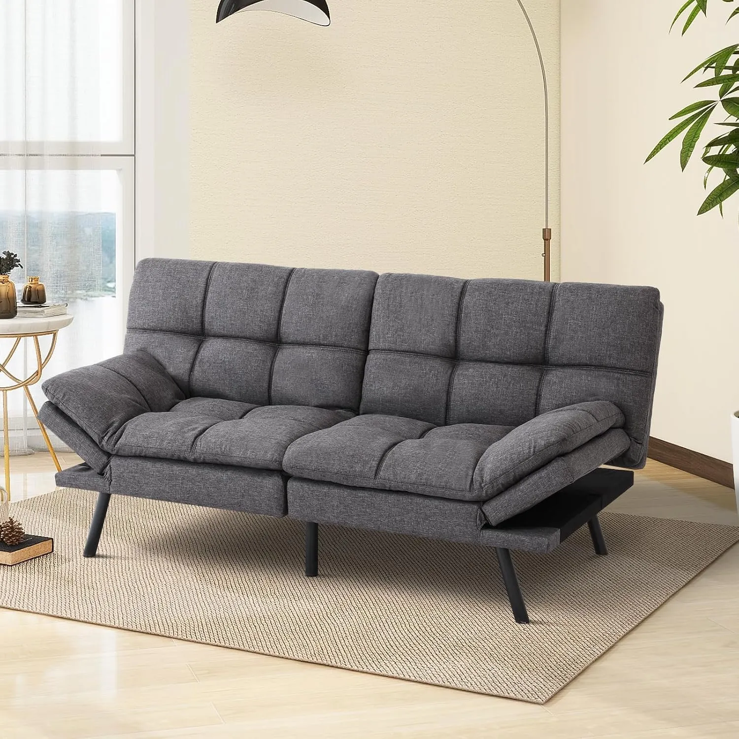 Futon Sofa Bed Convertible Couch,Memory Foam Futon Sofa Couch,Sleeper Futons Sofa Couches,Small Splitback Modern Loveseat Sofa Bed for Living Room,Office,Apartment,Linen Fabric,Dark Gray.