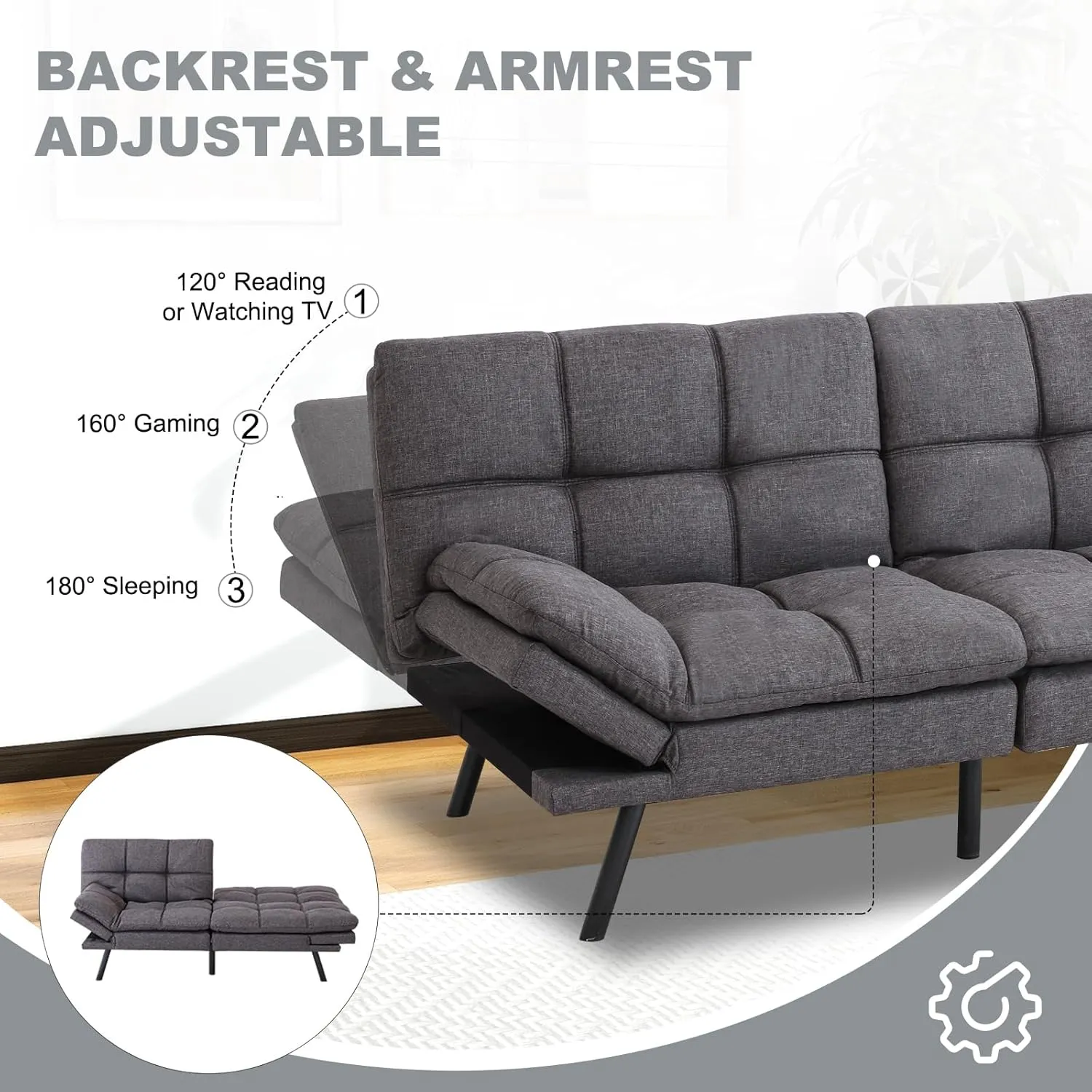 Futon Sofa Bed Convertible Couch,Memory Foam Futon Sofa Couch,Sleeper Futons Sofa Couches,Small Splitback Modern Loveseat Sofa Bed for Living Room,Office,Apartment,Linen Fabric,Dark Gray.