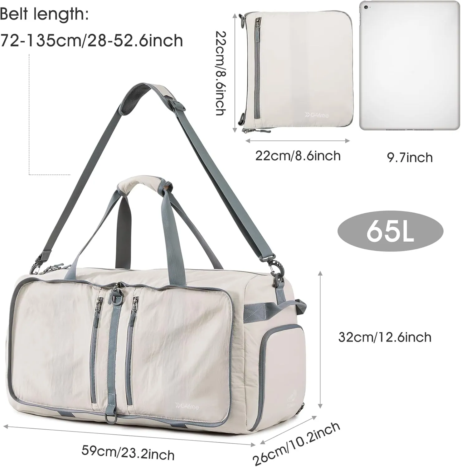 G4Free 65L Foldable Duffle Bag with Shoe Compartment for Travel Large Overnight Carry On Duffel Bag Packable for Women