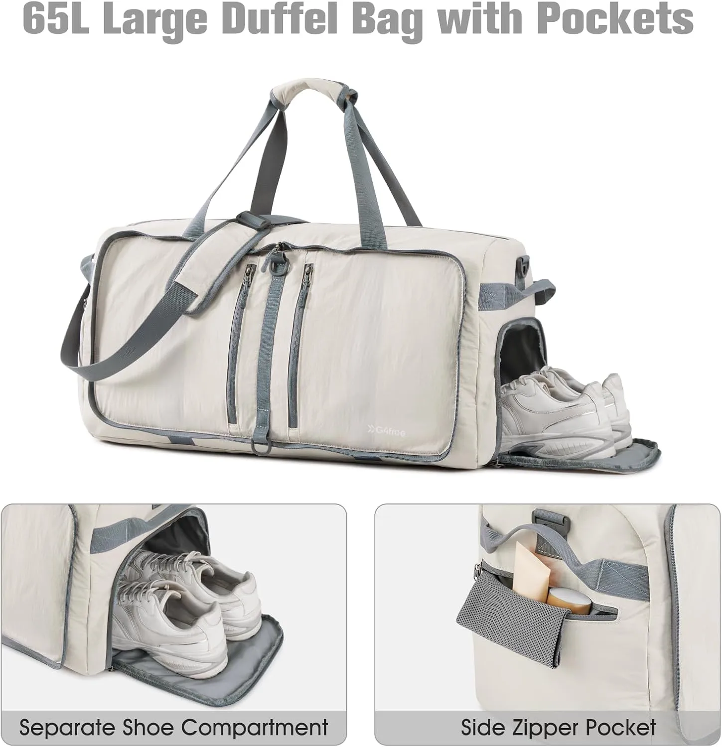 G4Free 65L Foldable Duffle Bag with Shoe Compartment for Travel Large Overnight Carry On Duffel Bag Packable for Women