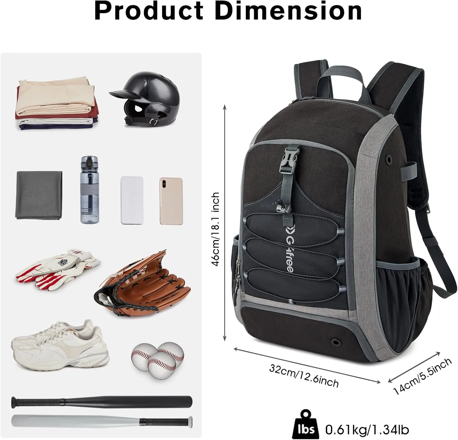 G4Free Baseball Bag for Youth Adults, Softball Backpack with Shoe Compartment, Large Bat Backpack with Fence Hook, Lightweight T-ball Gear Bag