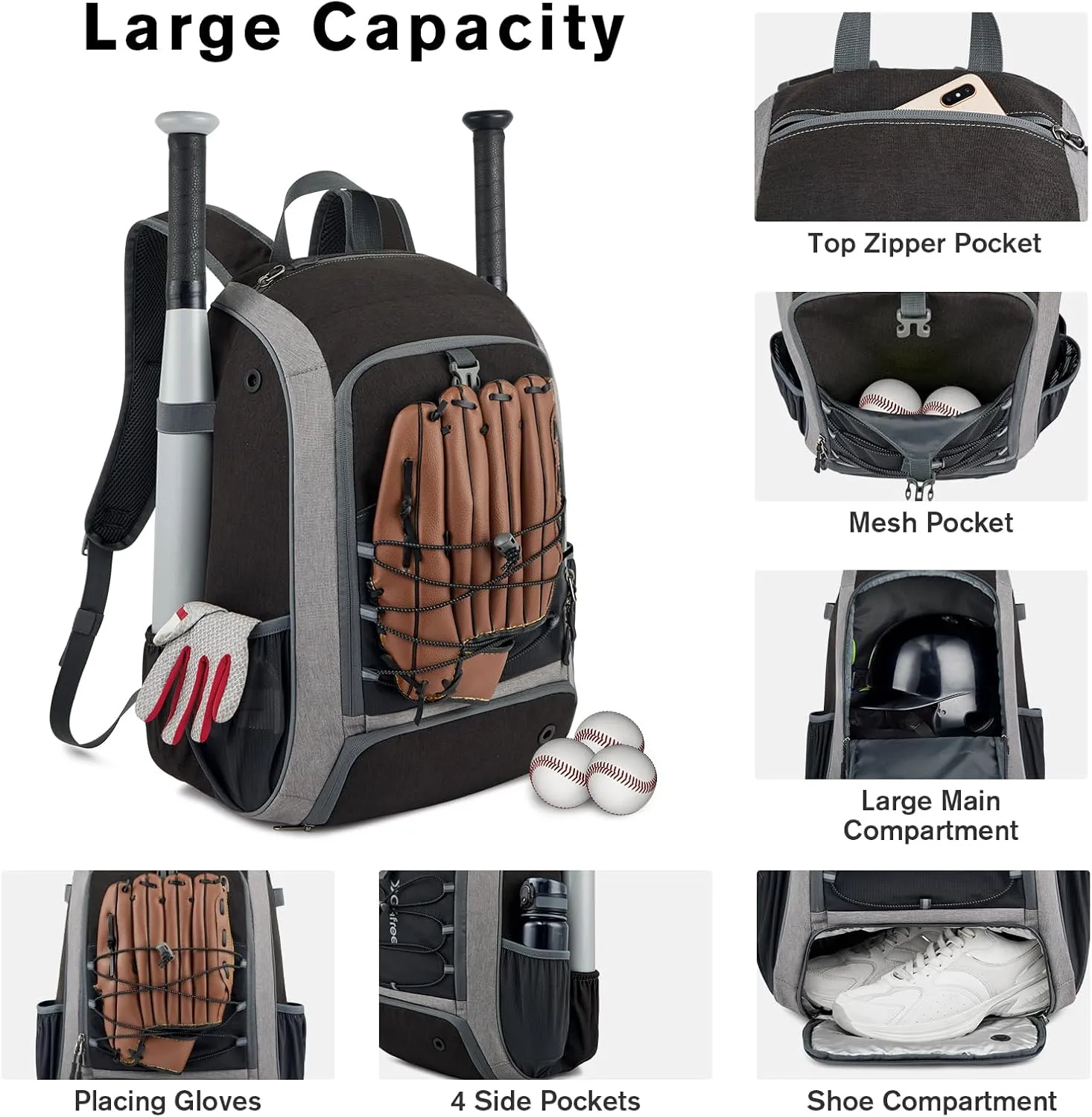 G4Free Baseball Bag for Youth Adults, Softball Backpack with Shoe Compartment, Large Bat Backpack with Fence Hook, Lightweight T-ball Gear Bag
