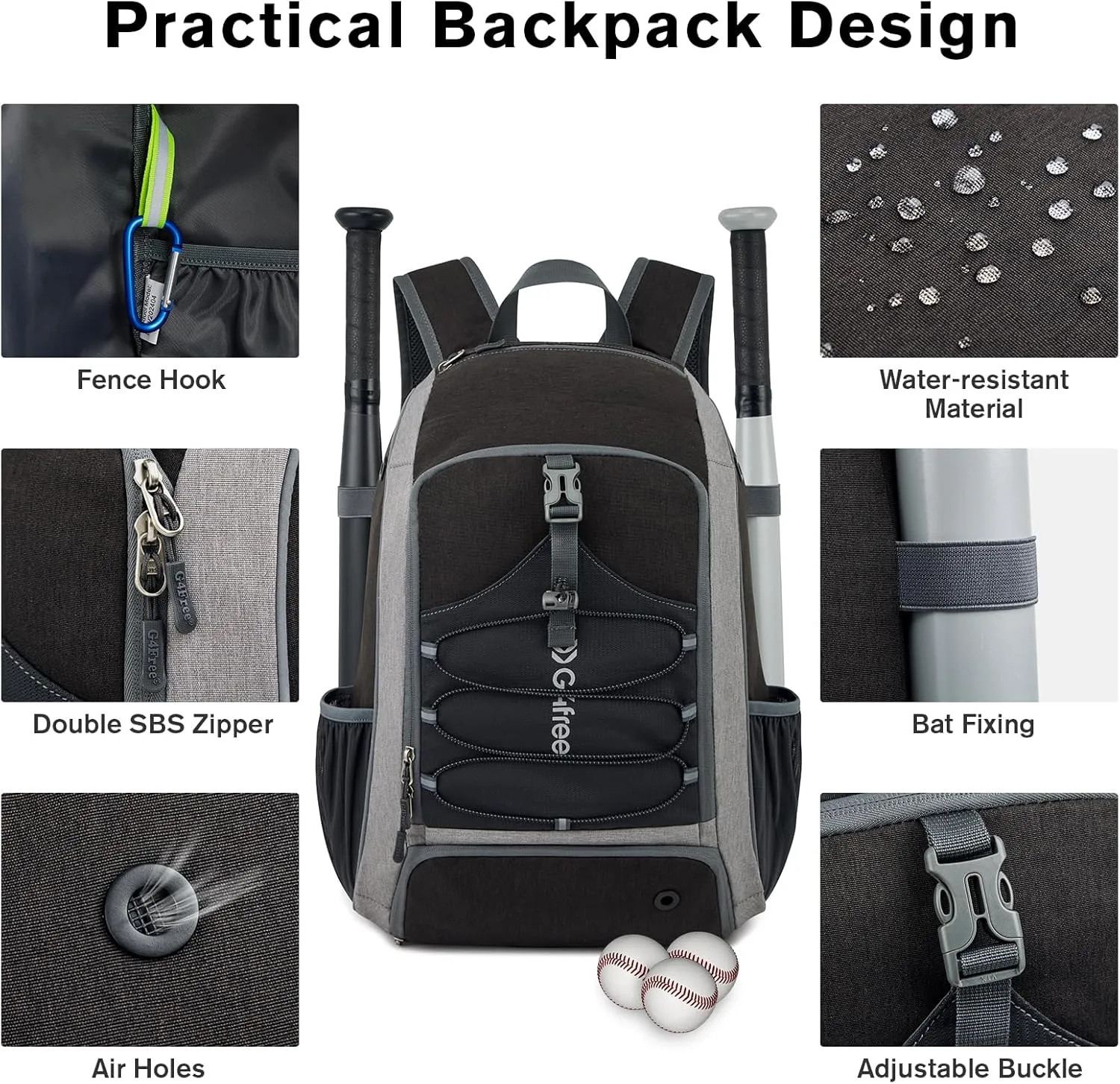 G4Free Baseball Bag for Youth Adults, Softball Backpack with Shoe Compartment, Large Bat Backpack with Fence Hook, Lightweight T-ball Gear Bag