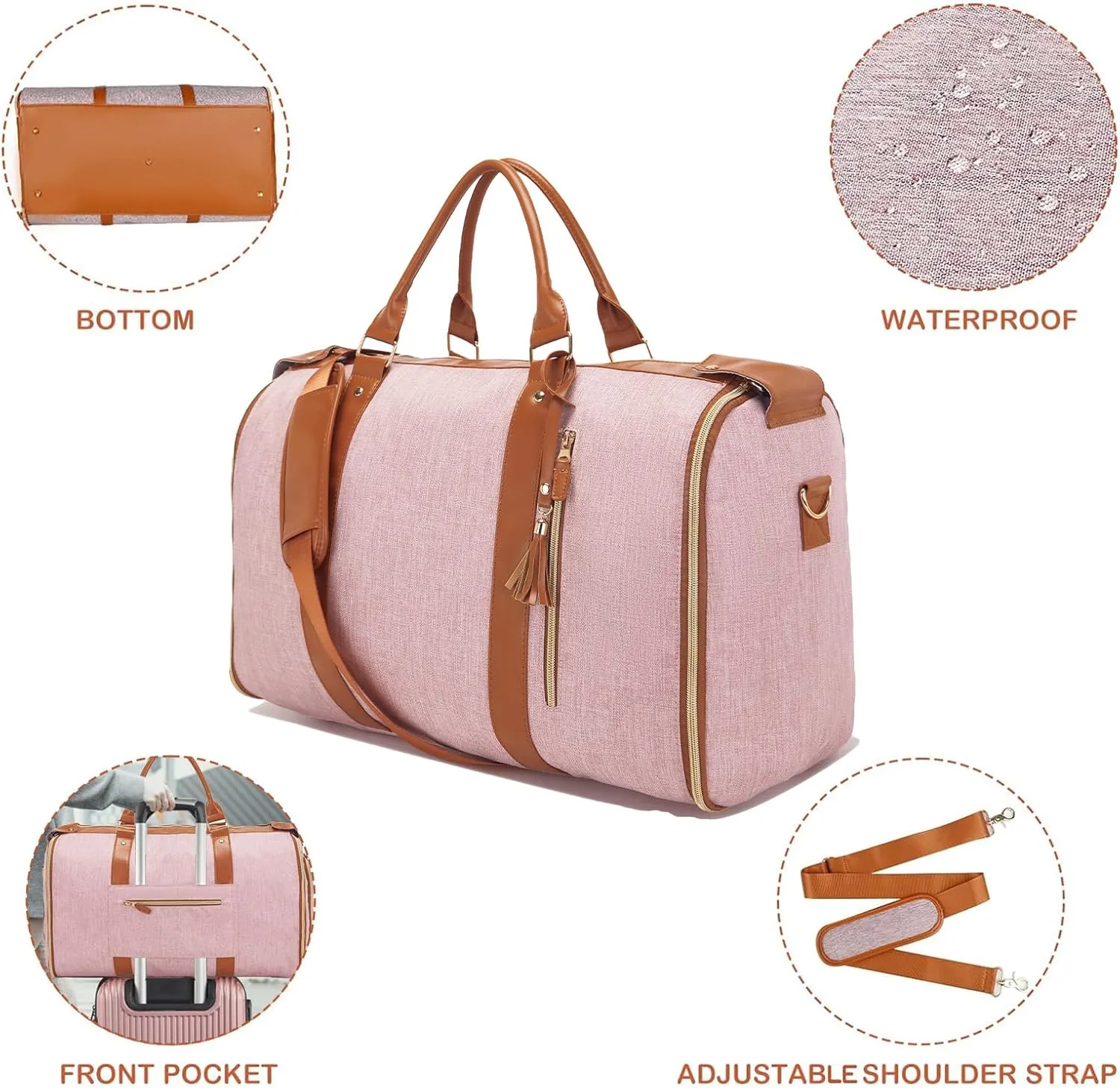 Garment Bag for Travel, Large Polyester Cloth Duffle Bag for Women, Waterproof Garment Bags for Travel with Built-In Shoe Pocket, 3 in 1 Hanging Suitcase Suit Travel Bags, Gifts for Women, Pink