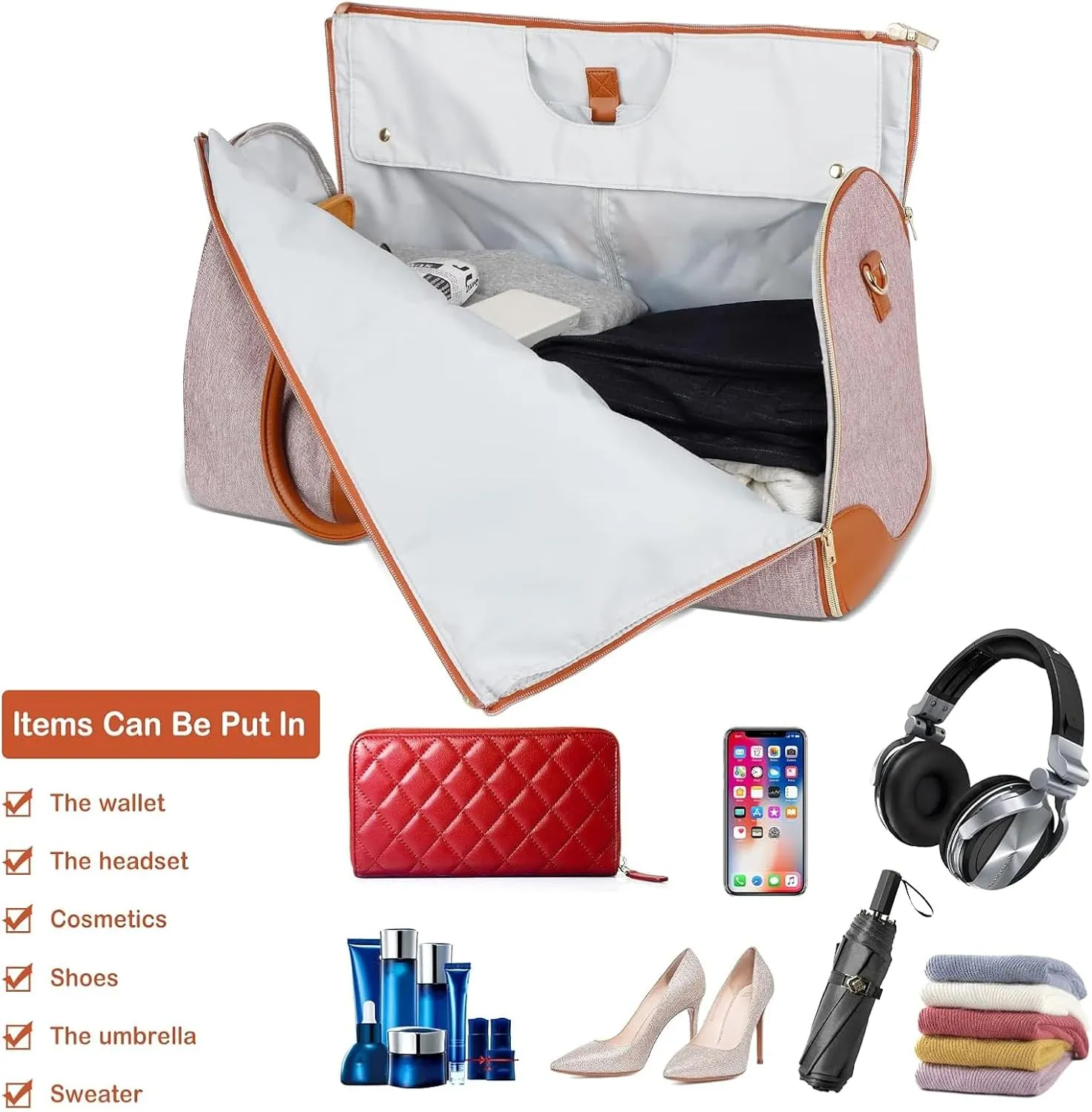 Garment Bag for Travel, Large Polyester Cloth Duffle Bag for Women, Waterproof Garment Bags for Travel with Built-In Shoe Pocket, 3 in 1 Hanging Suitcase Suit Travel Bags, Gifts for Women, Pink