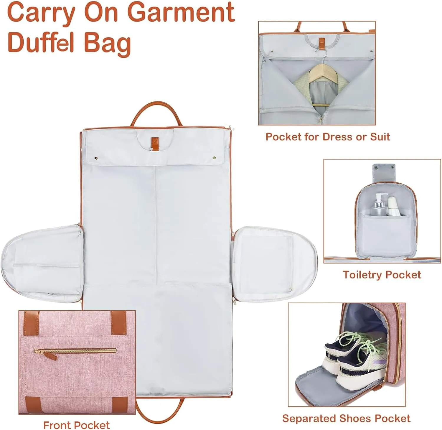 Garment Bag for Travel, Large Polyester Cloth Duffle Bag for Women, Waterproof Garment Bags for Travel with Built-In Shoe Pocket, 3 in 1 Hanging Suitcase Suit Travel Bags, Gifts for Women, Pink