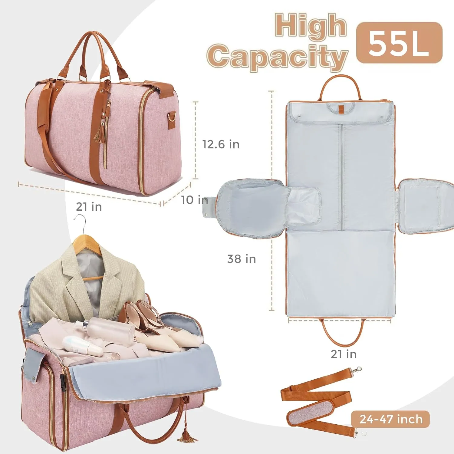 Garment Bag for Travel, Large Polyester Cloth Duffle Bag for Women, Waterproof Garment Bags for Travel with Built-In Shoe Pocket, 3 in 1 Hanging Suitcase Suit Travel Bags, Gifts for Women, Pink
