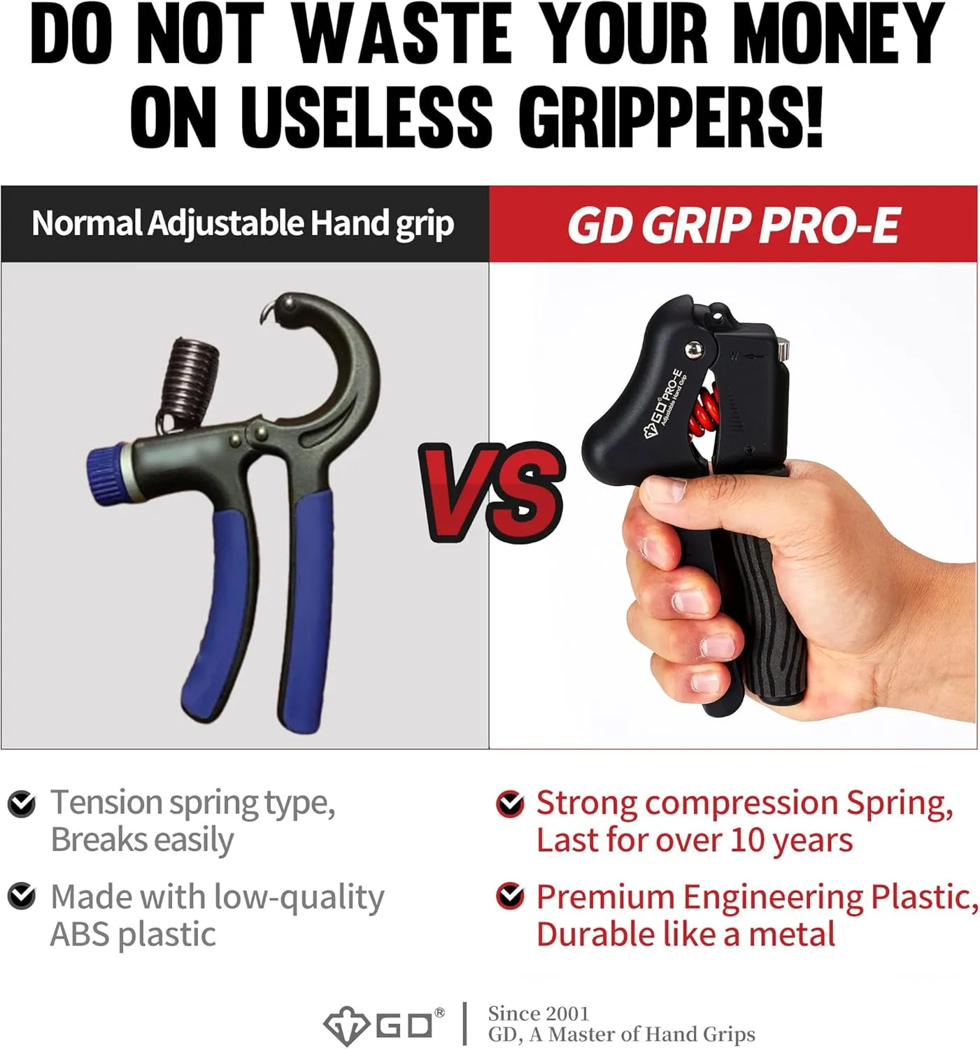 GD Grip Strength Trainer (Premium Adjustable Grip Strengthener for Forearm Training) Wrist and Forearm Strengthener