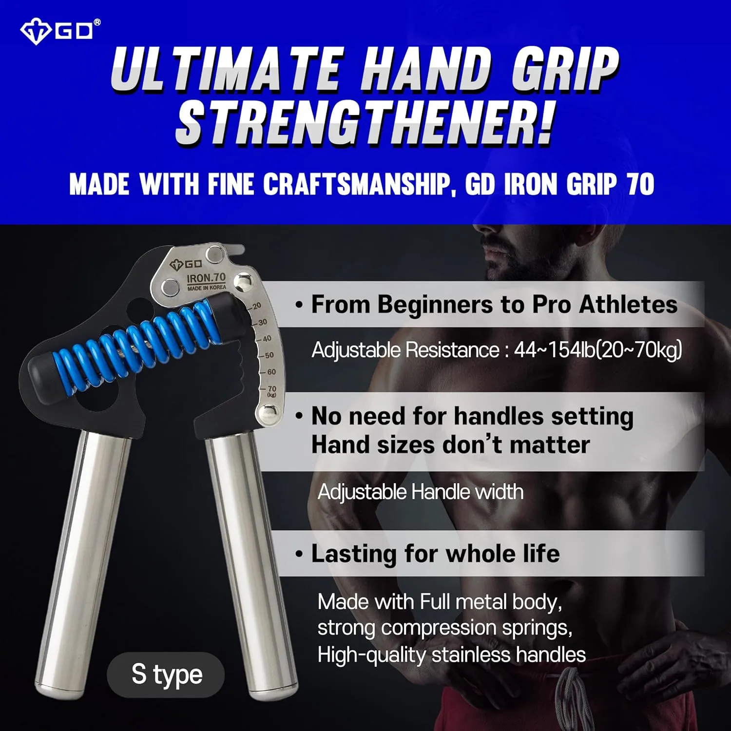 GD Iron Grip 70 Hand Grip Strengthener (Adjustable Hand Grip) Wrist and Forearm Strength Trainer Hand Strengthner