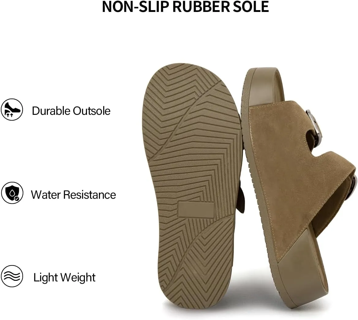 Genuine Leather Platform Sandals Women Slip-on Beach Sandals Slide Buckle Comfortable with Soft Lining and Open Toe Low Wedges