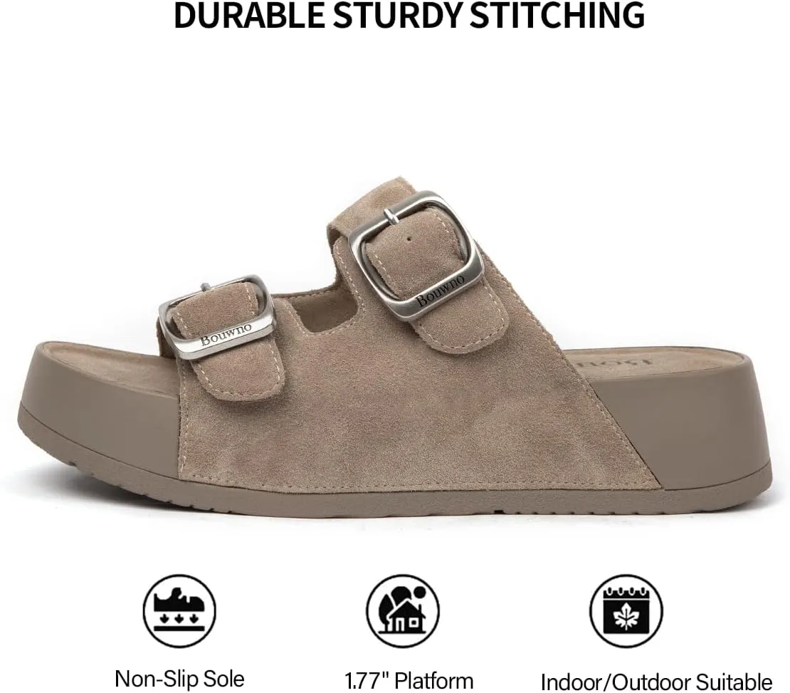 Genuine Leather Platform Sandals Women Slip-on Beach Sandals Slide Buckle Comfortable with Soft Lining and Open Toe Low Wedges