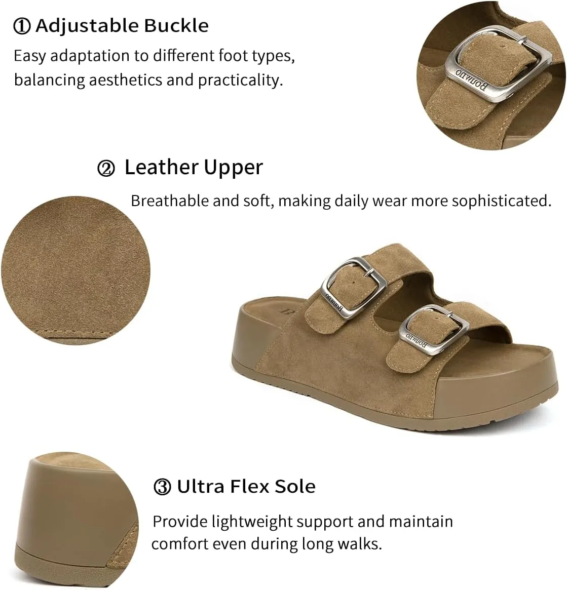 Genuine Leather Platform Sandals Women Slip-on Beach Sandals Slide Buckle Comfortable with Soft Lining and Open Toe Low Wedges