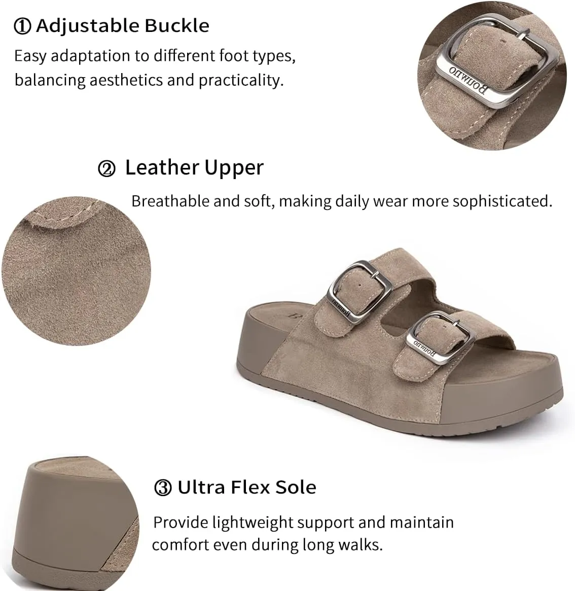 Genuine Leather Platform Sandals Women Slip-on Beach Sandals Slide Buckle Comfortable with Soft Lining and Open Toe Low Wedges