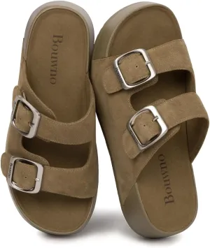 Genuine Leather Platform Sandals Women Slip-on Beach Sandals Slide Buckle Comfortable with Soft Lining and Open Toe Low Wedges