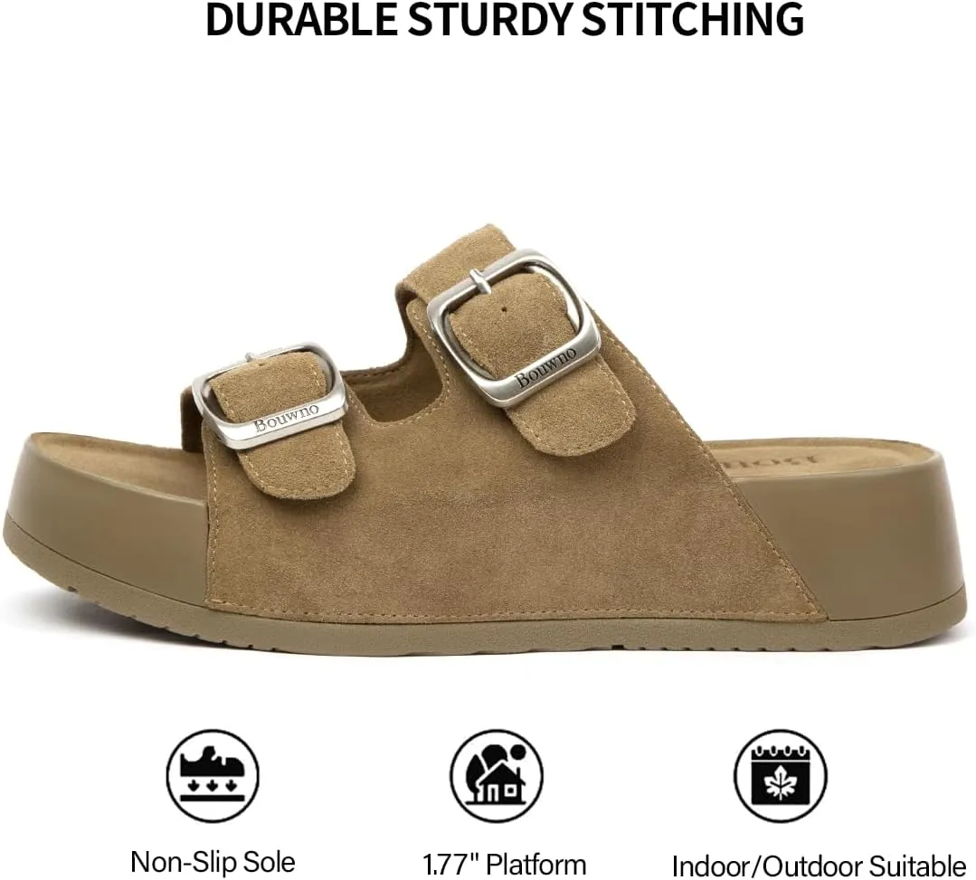 Genuine Leather Platform Sandals Women Slip-on Beach Sandals Slide Buckle Comfortable with Soft Lining and Open Toe Low Wedges