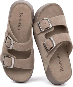 Genuine Leather Platform Sandals Women Slip-on Beach Sandals Slide Buckle Comfortable with Soft Lining and Open Toe Low Wedges