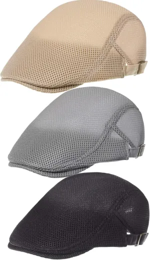 Geyoga 3 Pieces Mesh Newsboy Cap Mesh Breathable Summer Cap Adjustable Newsboy Beret Cap Cabbie Flat Cap