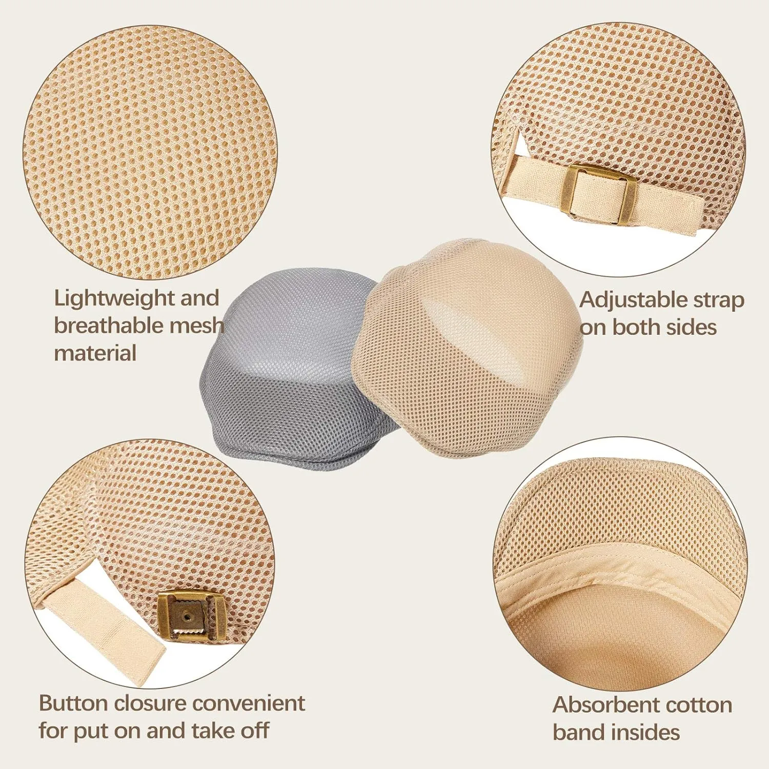 Geyoga 3 Pieces Mesh Newsboy Cap Mesh Breathable Summer Cap Adjustable Newsboy Beret Cap Cabbie Flat Cap
