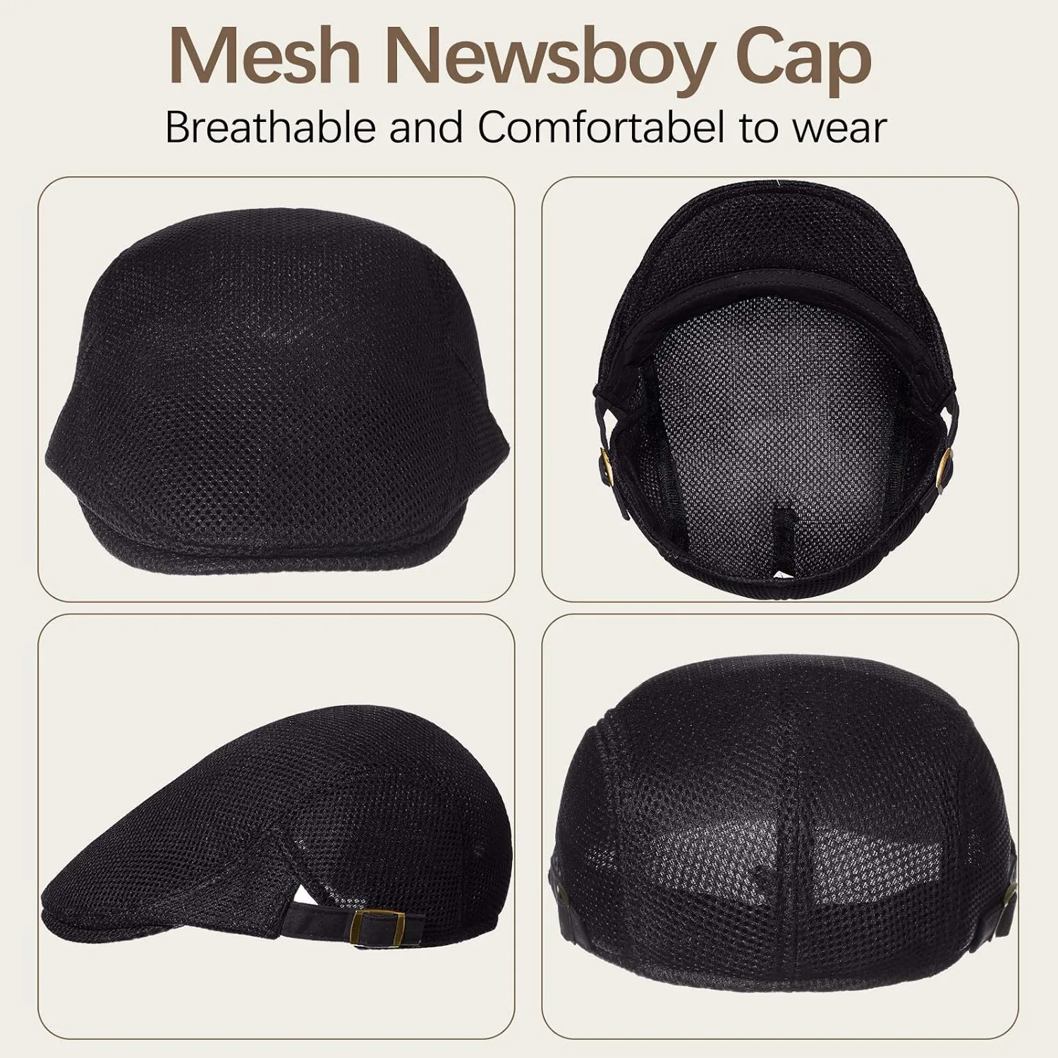 Geyoga 3 Pieces Mesh Newsboy Cap Mesh Breathable Summer Cap Adjustable Newsboy Beret Cap Cabbie Flat Cap