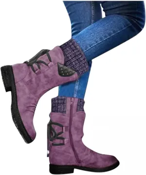 Gibobby Boots for Women Knee High,Mid Waterproof Calf Boots Retro Low Heel Middle Tube Boots Buckle Combat Motorcycle Boots