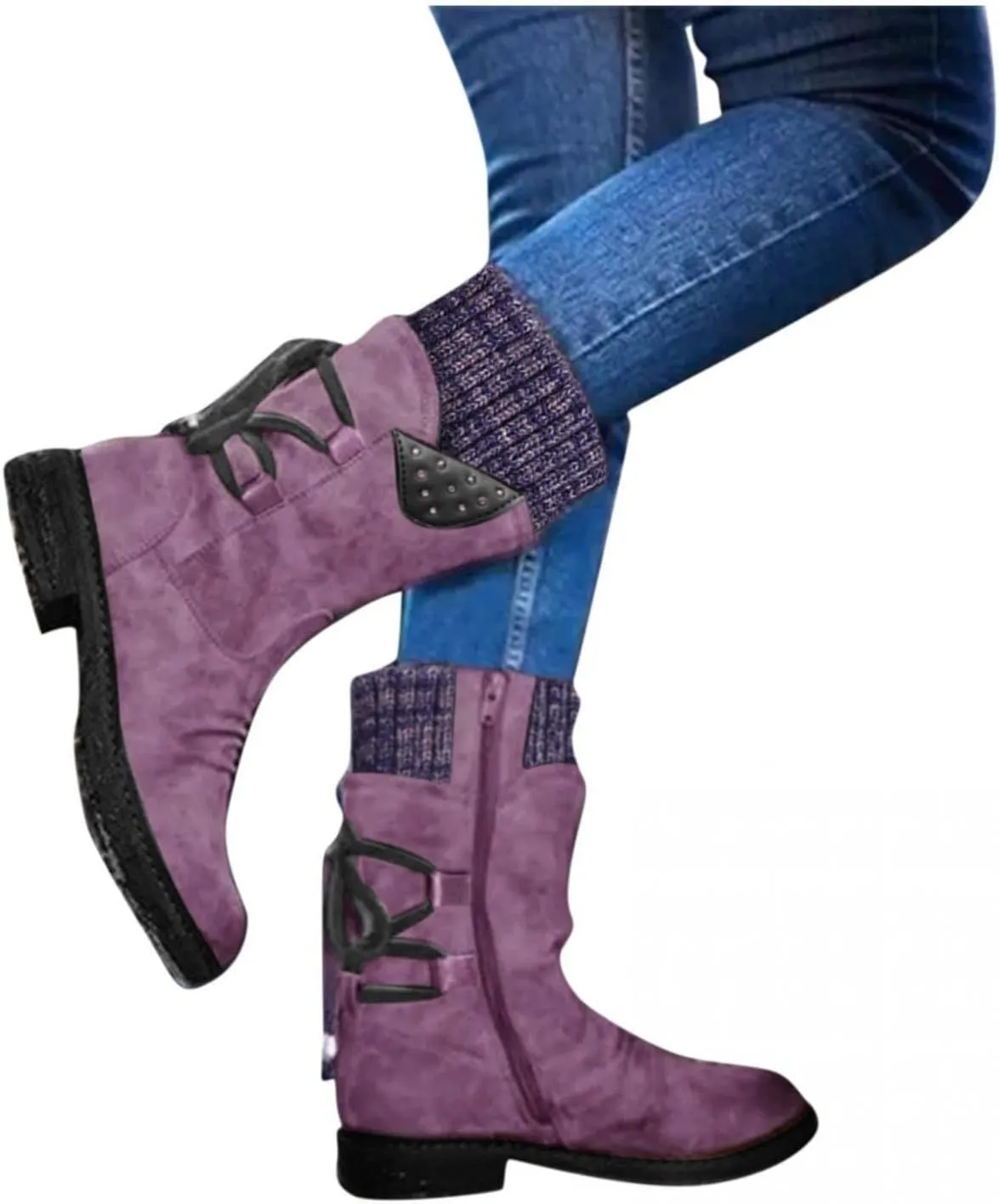 Gibobby Boots for Women Knee High,Mid Waterproof Calf Boots Retro Low Heel Middle Tube Boots Buckle Combat Motorcycle Boots