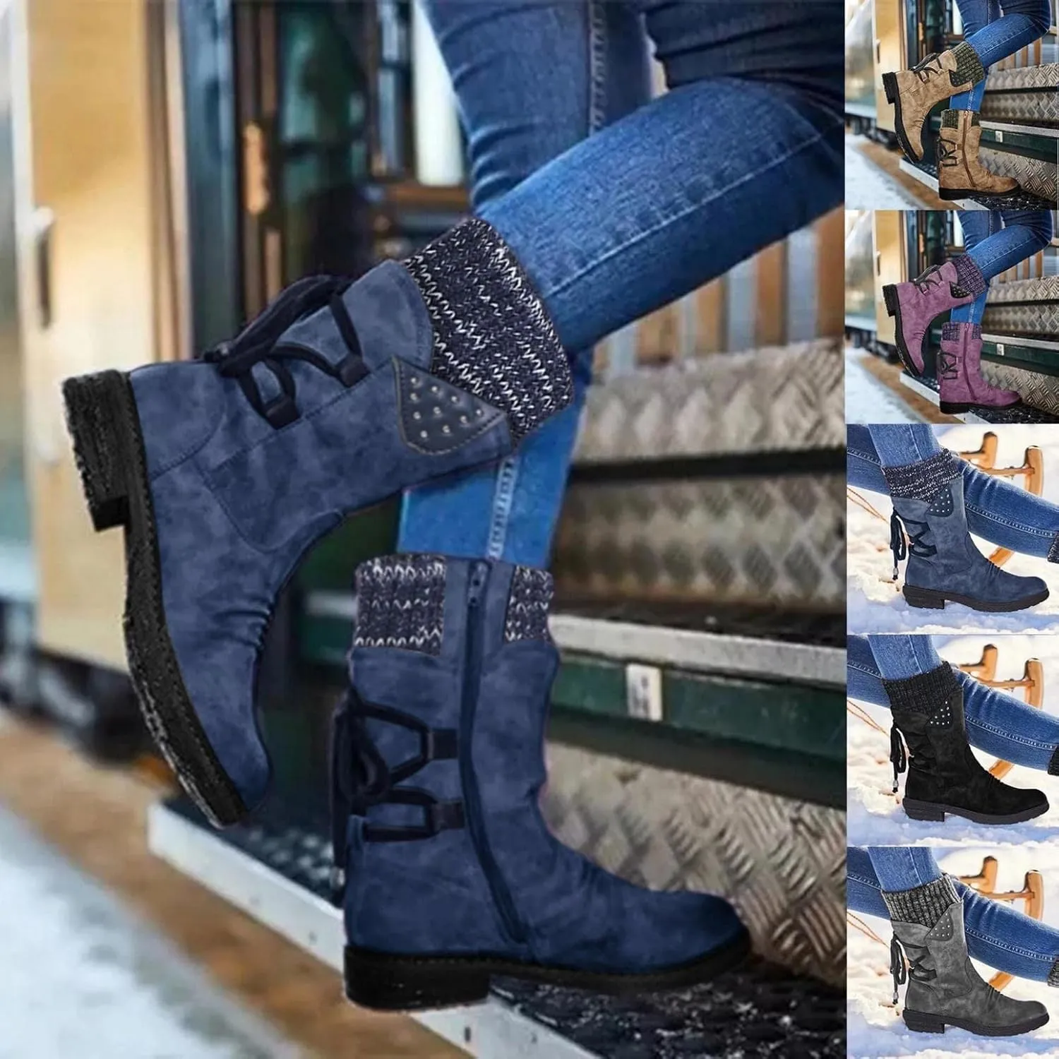 Gibobby Boots for Women Knee High,Mid Waterproof Calf Boots Retro Low Heel Middle Tube Boots Buckle Combat Motorcycle Boots