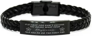 GIFTVILLE & SURPRISE Physician Braided Leather Bracelet, If at first you don't succeed, try doing what your athletic trainer told you to do the first time., Laser Engraved, Stainless Steel Wristband