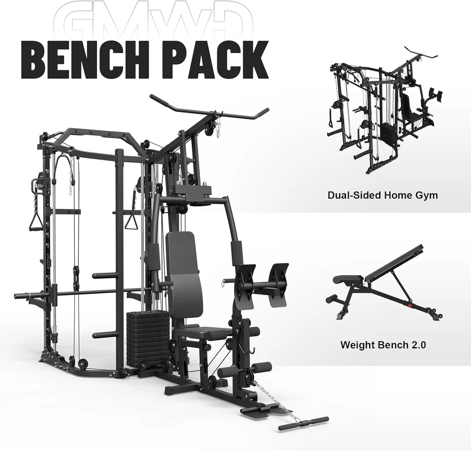 GMWD SmithΔ Machine Power Cage, Multi-Function Home Gym System with Cable Crossover System, Dual-Sided Workout Station with 121LBS Weight Stack, Power Rack, Functional Trainer, All in One Home Gym