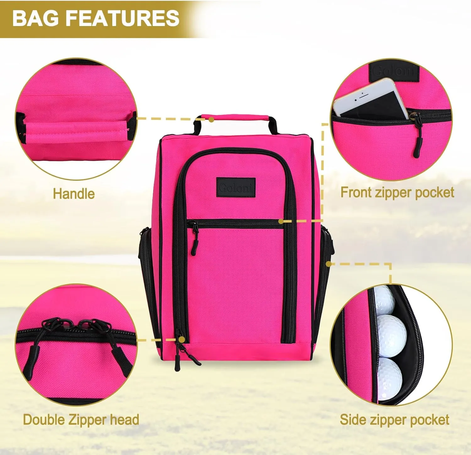 Goloni 2Pcs Golf Shoe Bag for Men & Women, Padded Travel Shoe Bag with Side Accessory Pockets,Sport Shoe Carrier for Golf Shoes,Socks,Tees & Balls,Durable & Lightweight Design (Black Pink)