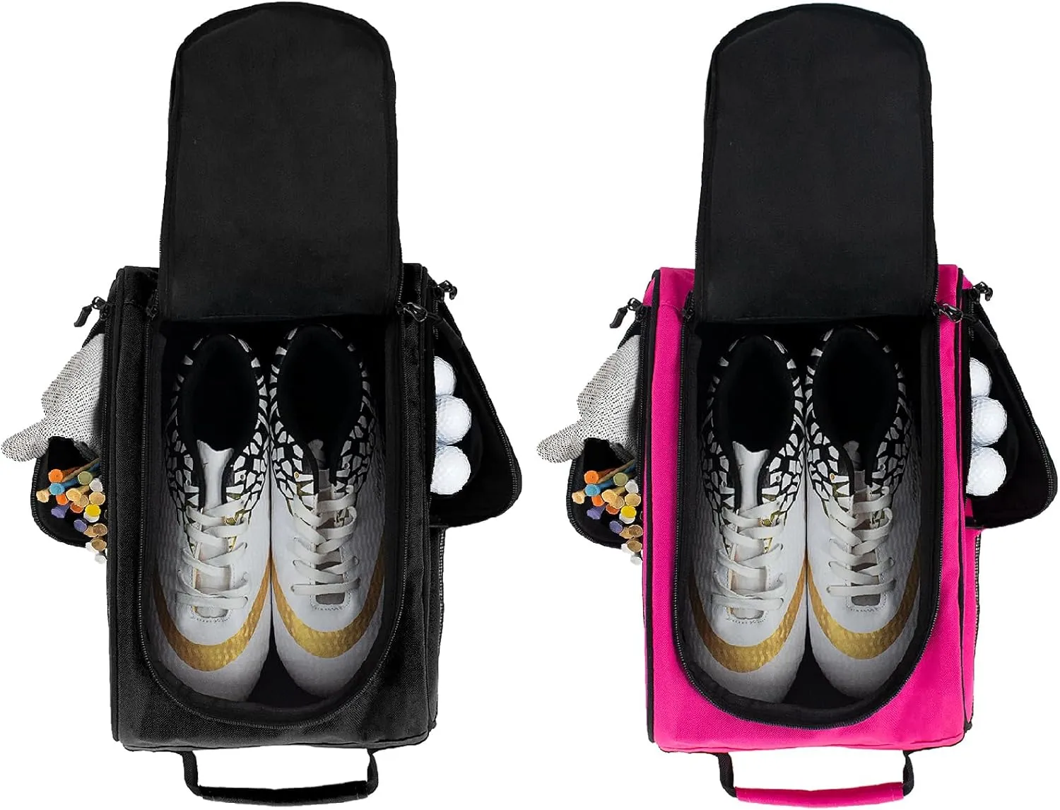 Goloni 2Pcs Golf Shoe Bag for Men & Women, Padded Travel Shoe Bag with Side Accessory Pockets,Sport Shoe Carrier for Golf Shoes,Socks,Tees & Balls,Durable & Lightweight Design (Black Pink)