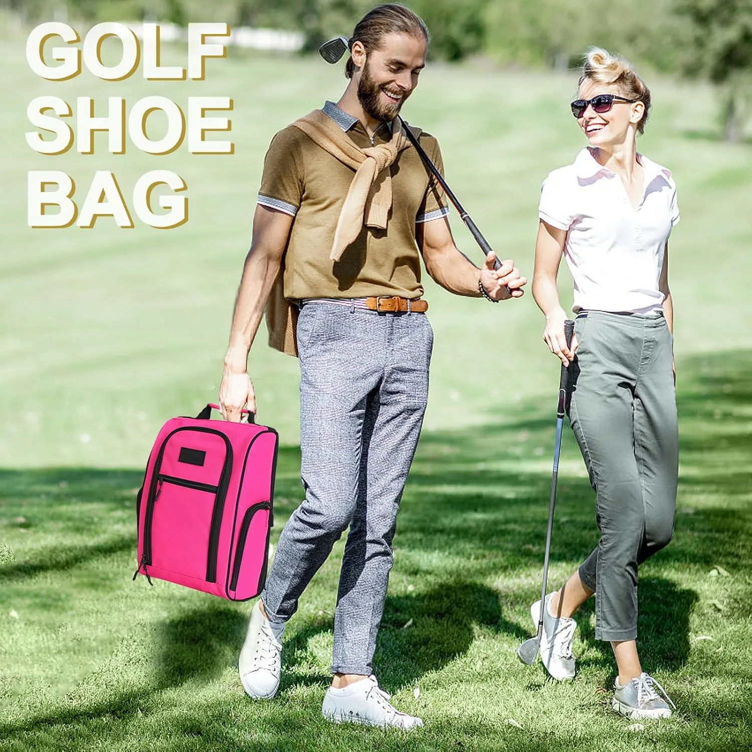 Goloni 2Pcs Golf Shoe Bag for Men & Women, Padded Travel Shoe Bag with Side Accessory Pockets,Sport Shoe Carrier for Golf Shoes,Socks,Tees & Balls,Durable & Lightweight Design (Black Pink)
