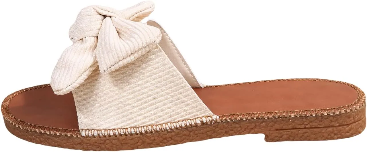 GORGLITTER Women's Bow Knot Flat Sandals Open Toe Slip On Slide Slipper Single Band Flats