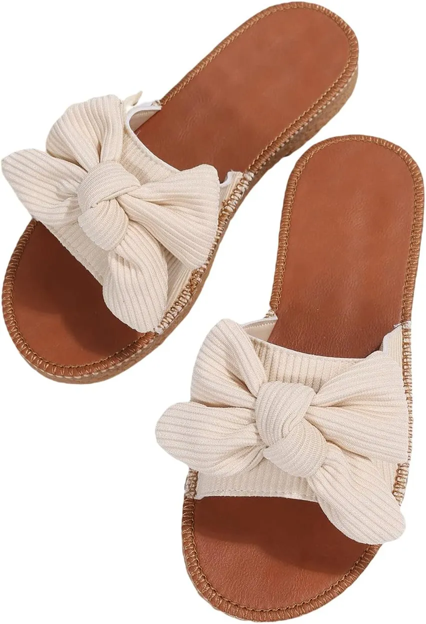 GORGLITTER Women's Bow Knot Flat Sandals Open Toe Slip On Slide Slipper Single Band Flats