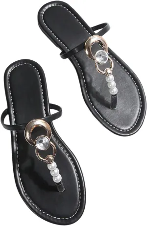 GORGLITTER Women's Summer Beach Flat Flip Flops Sandals Pearls Ring Linked Rhinestone Slide Sandals