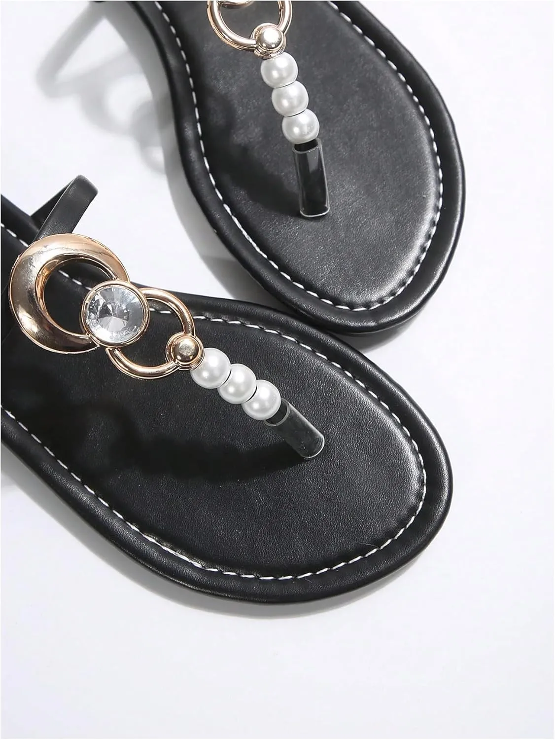 GORGLITTER Women's Summer Beach Flat Flip Flops Sandals Pearls Ring Linked Rhinestone Slide Sandals