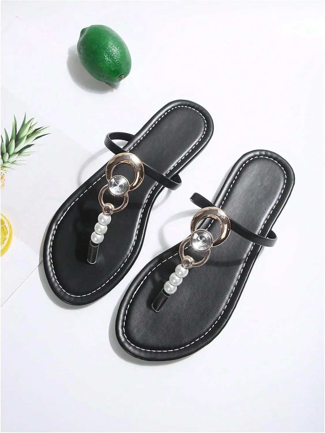 GORGLITTER Women's Summer Beach Flat Flip Flops Sandals Pearls Ring Linked Rhinestone Slide Sandals