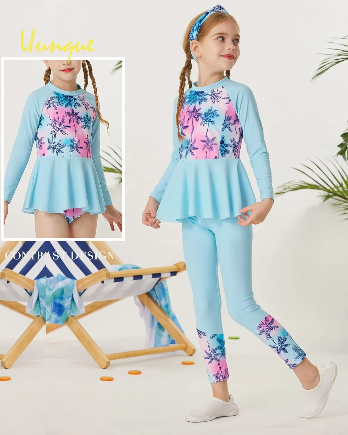 GRACE KARIN Girls Long Sleeve Swimsuit Mermaid Bathing Suit Rash Guard Swimwear 4 Piece Size 5-12
