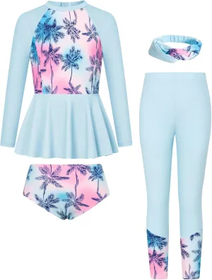 GRACE KARIN Girls Long Sleeve Swimsuit Mermaid Bathing Suit Rash Guard Swimwear 4 Piece Size 5-12