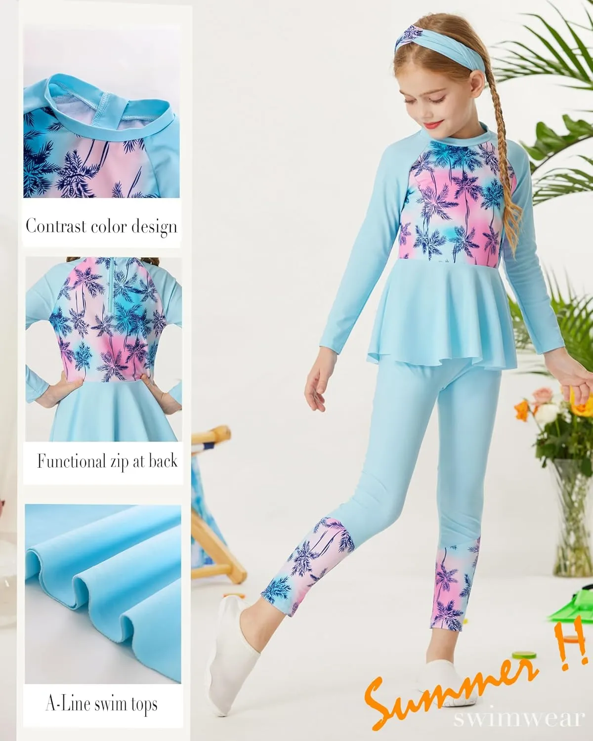 GRACE KARIN Girls Long Sleeve Swimsuit Mermaid Bathing Suit Rash Guard Swimwear 4 Piece Size 5-12