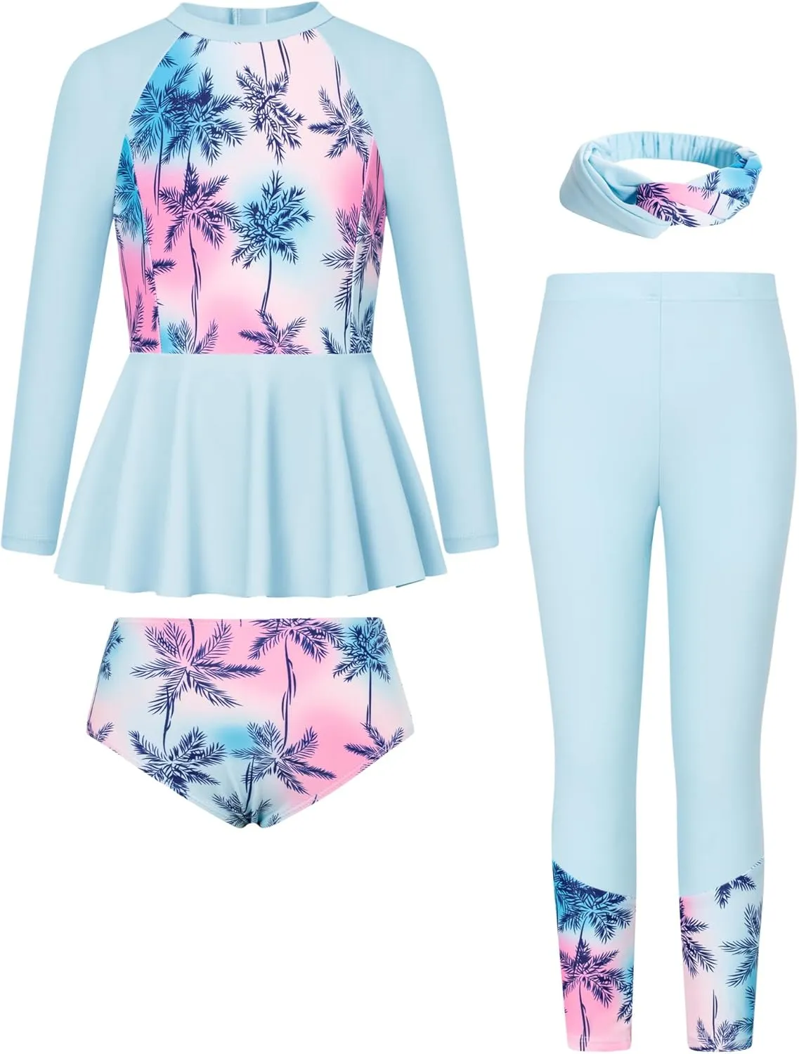 GRACE KARIN Girls Long Sleeve Swimsuit Mermaid Bathing Suit Rash Guard Swimwear 4 Piece Size 5-12