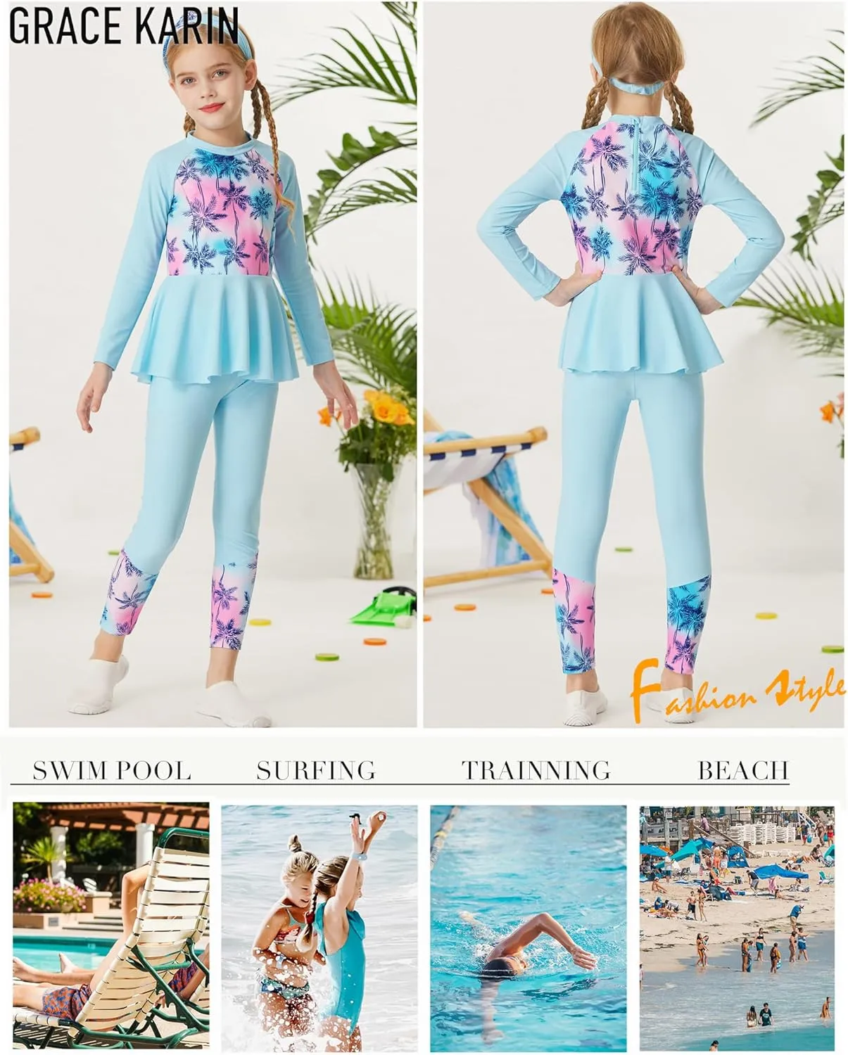 GRACE KARIN Girls Long Sleeve Swimsuit Mermaid Bathing Suit Rash Guard Swimwear 4 Piece Size 5-12