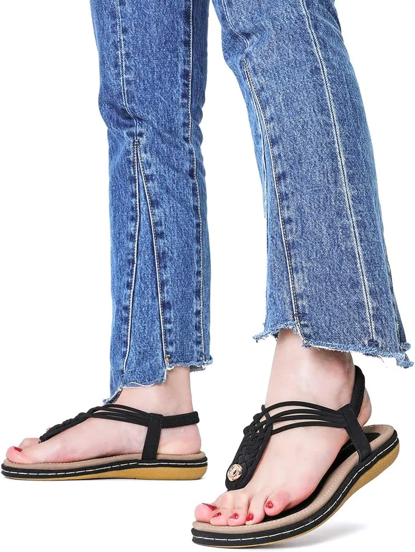 gracosy Summer Sandals for Women, Flat Sandals Flip Flops Thongs Clip Toe Slip On Elastic T-Strap Bohemia Beach Slippers