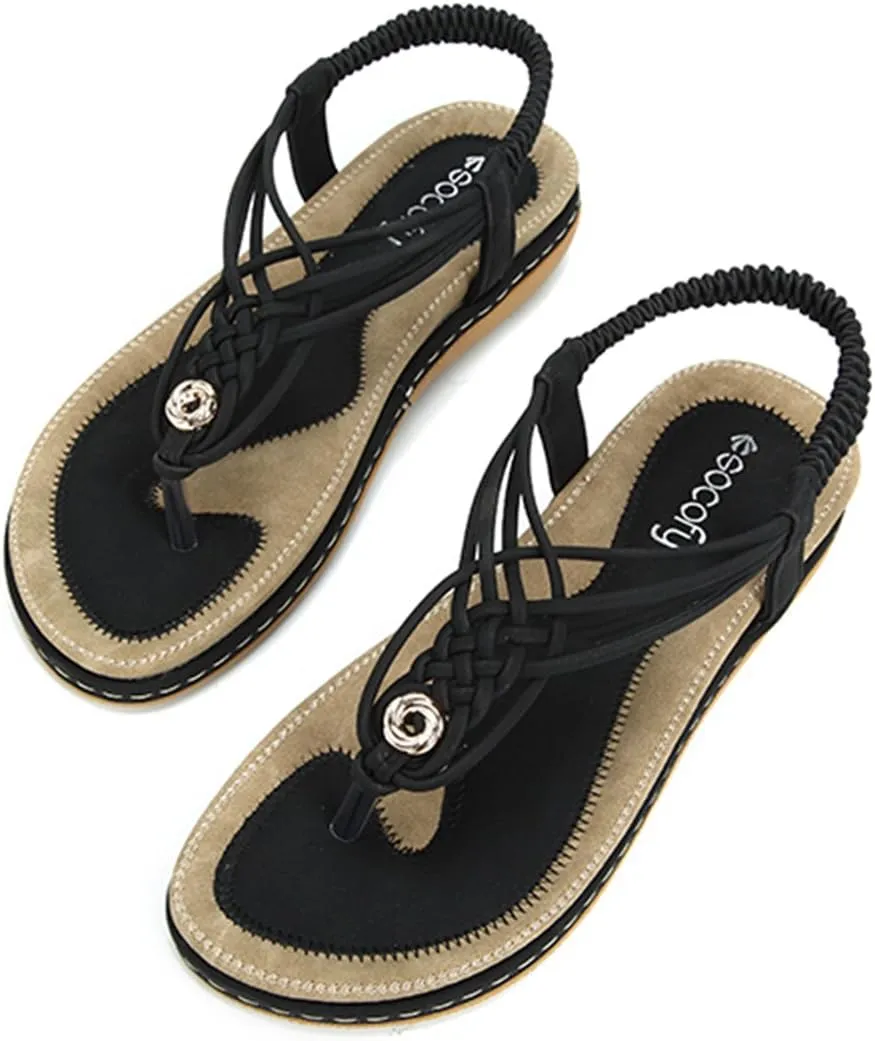 gracosy Summer Sandals for Women, Flat Sandals Flip Flops Thongs Clip Toe Slip On Elastic T-Strap Bohemia Beach Slippers